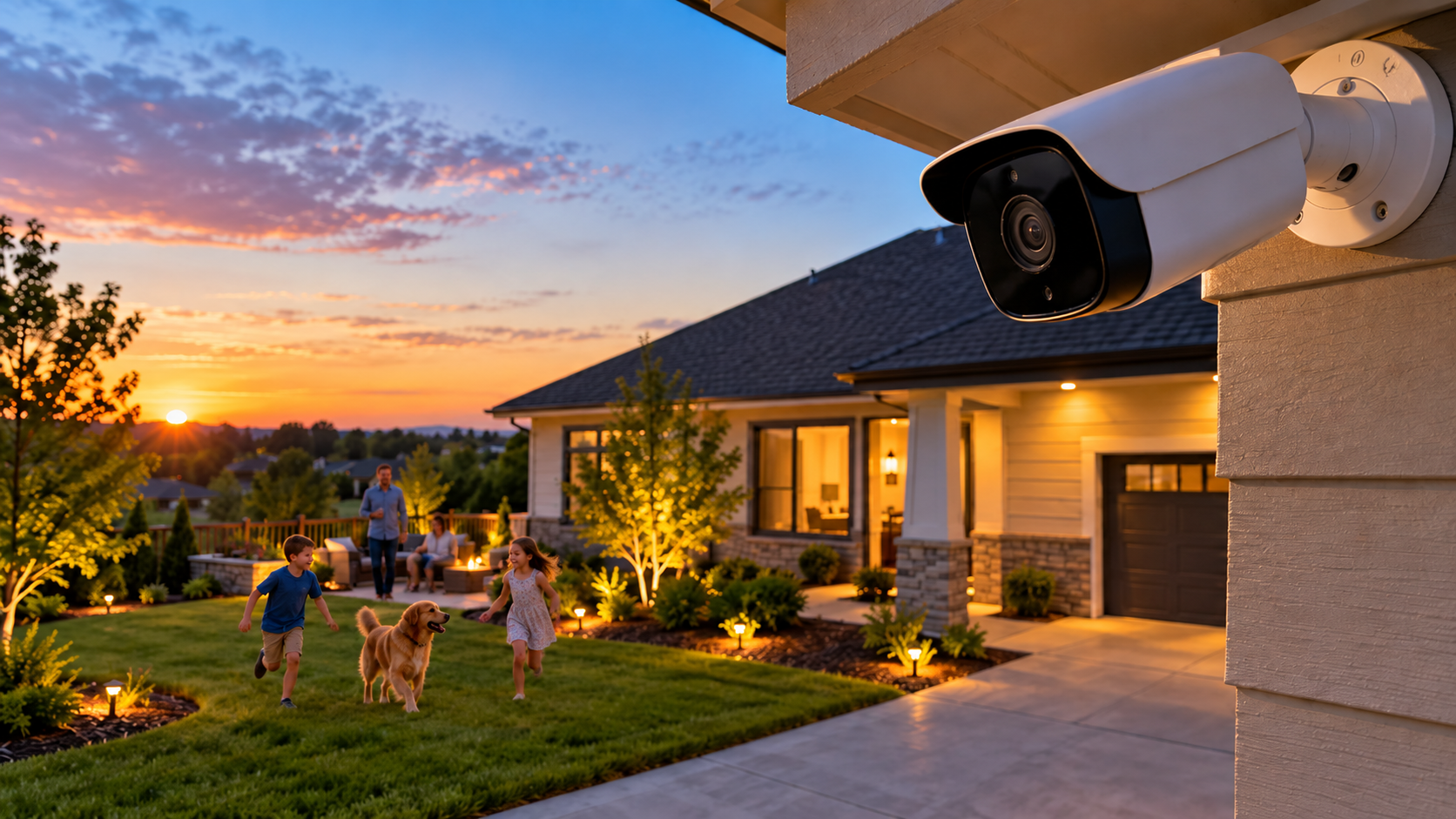 Family and dog outside a home with a security camera visible